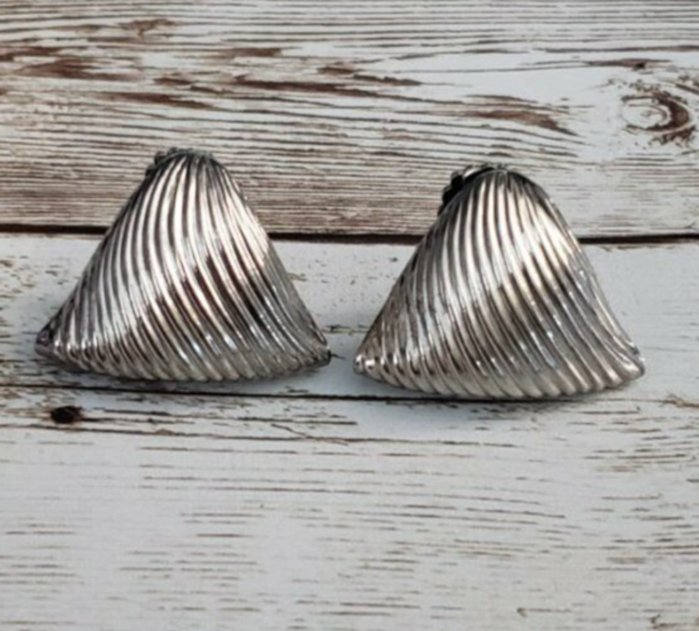 Vintage Clip On Earrings Folded Triangle Silver Tone Statement